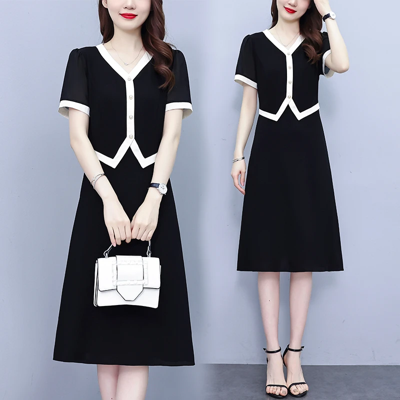 2025新款大码女装连衣裙雪纺拼接假两件显瘦赫本风小黑裙