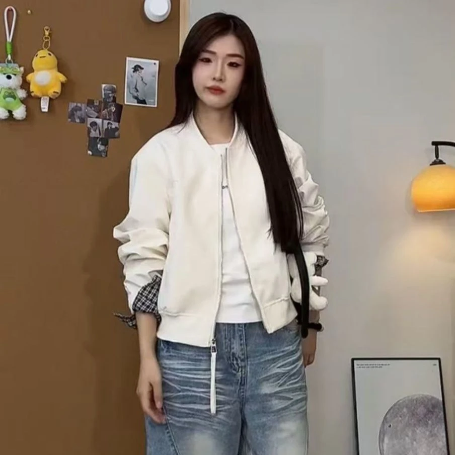 小众设计感褶皱格子拼接夹克女短款春季百搭宽松潮流棒球服外套
