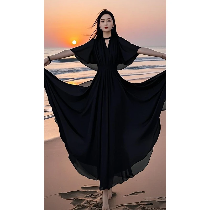 长裙夏季宴会树脂固色气质法式优雅长款短袖连衣裙1132