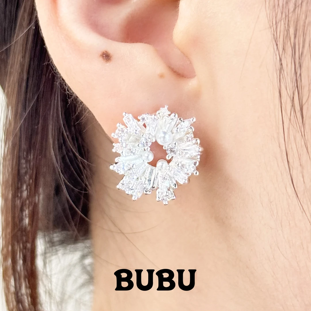 合金锆石耳饰 花火烟花耳钉精致银色欧若智性风日韩女白色925银针