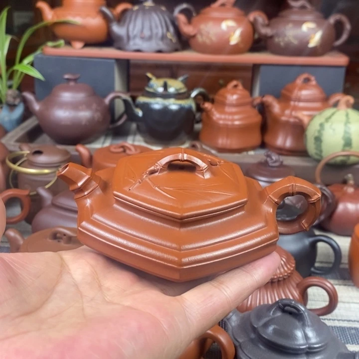 紫砂茶壶六方扁竹150CC原矿赵庄朱泥特价