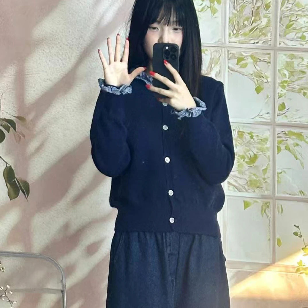 日系 花边领短款学院风拼接针织秋季毛针织衫