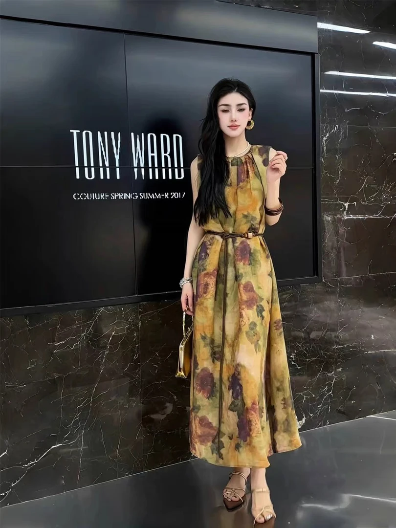 2025夏装新款欧货法式复古印花收腰无袖连衣裙