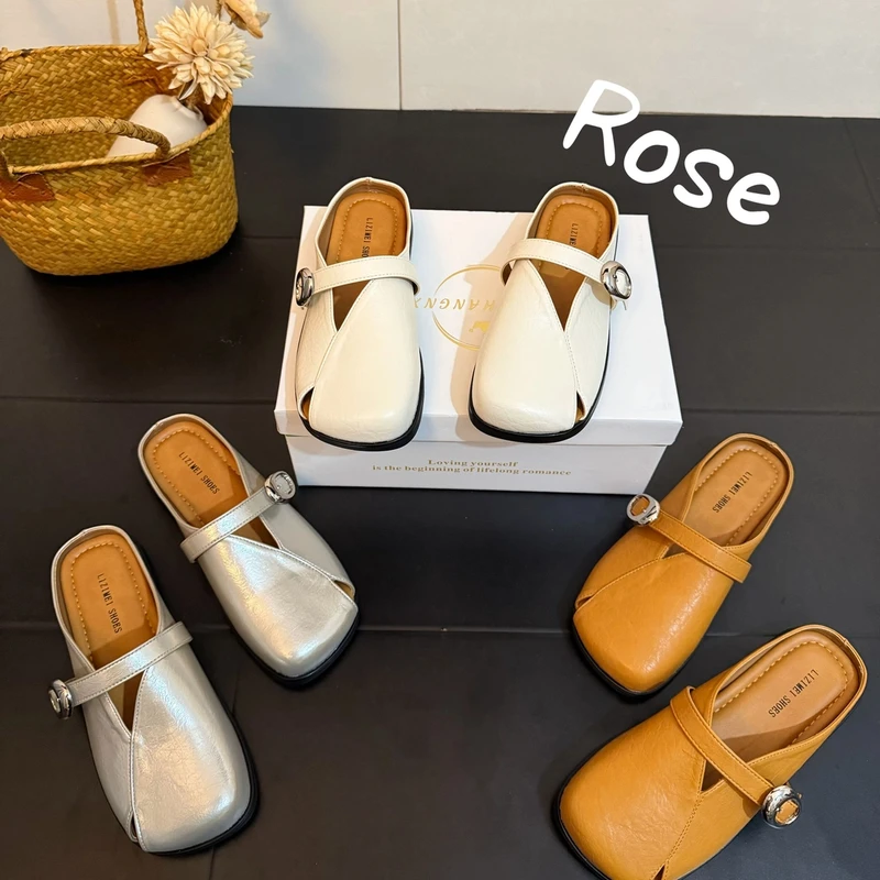 2025夏季法式新款超火简约复古女镂空软底方头超舒适透气包头拖鞋