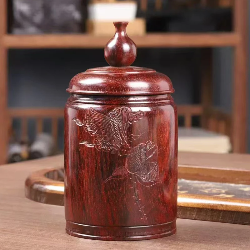 印度小叶紫檀木雕花茶叶罐密封罐储藏罐普洱茶罐子复古花开富贵