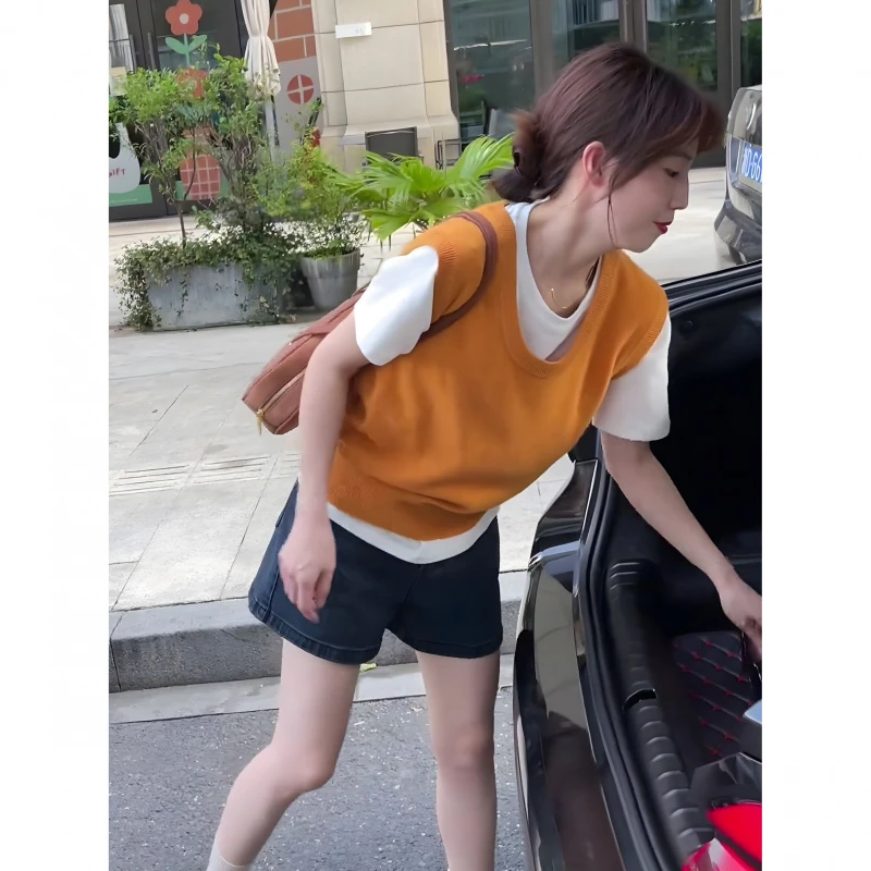 韩系无袖叠穿针织马甲女2025新款春秋小个子外穿坎肩毛衣背心上衣