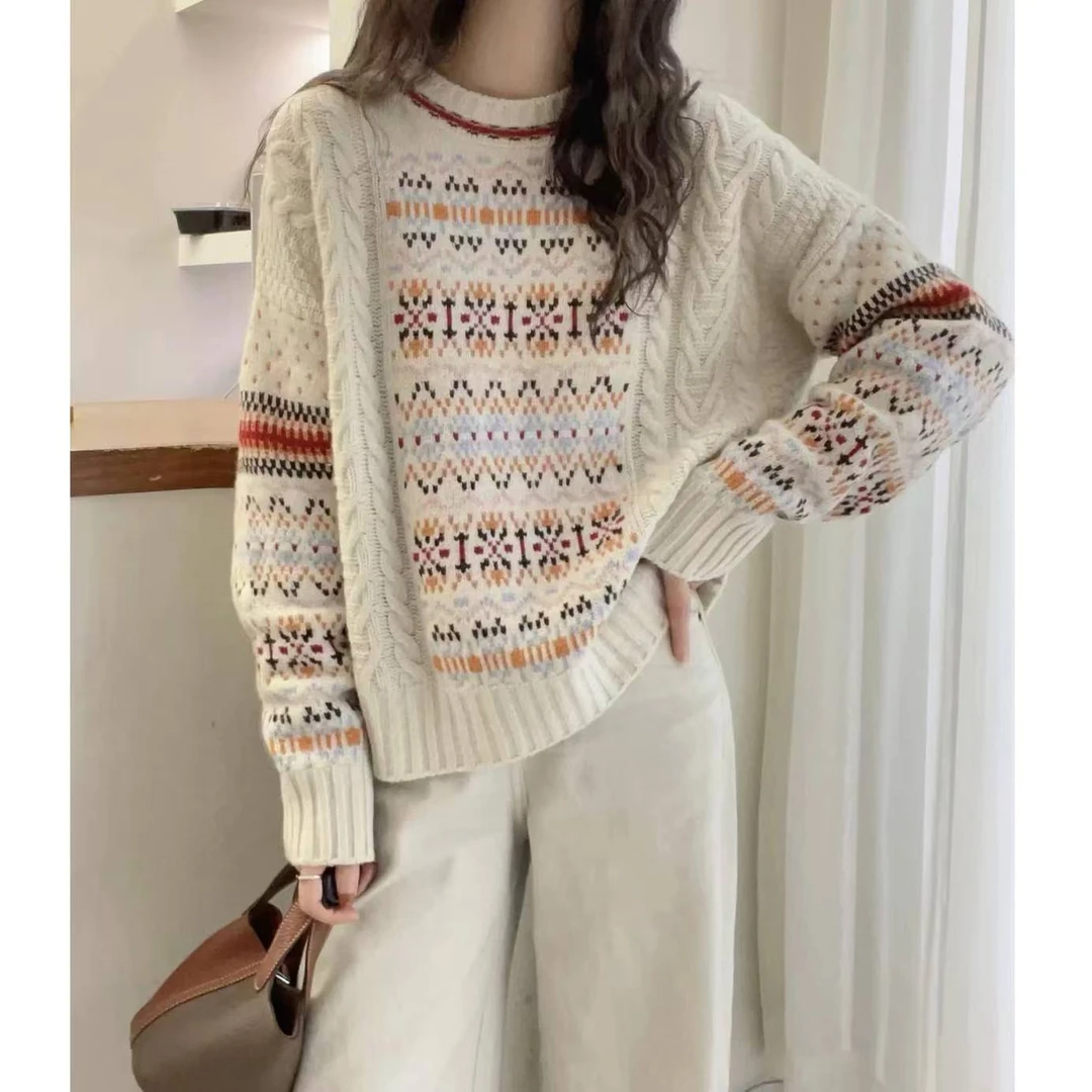 【麻花撞色花纹】复古民族风提花加厚秋冬麻花圆领针织套头衫1127