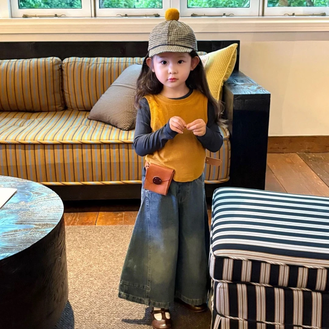 女童套装秋季2025新款女宝宝马甲背心底衫女孩时髦牛仔阔腿裤潮