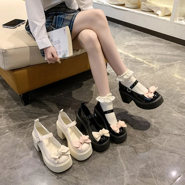 2025新款日系夏季百搭学院风蝴蝶结玛丽珍小皮鞋粗跟厚底时尚女鞋