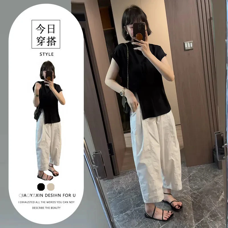 小众设计感气质不规则圆领短袖恤女高级感上衣休闲裤两件套装潮