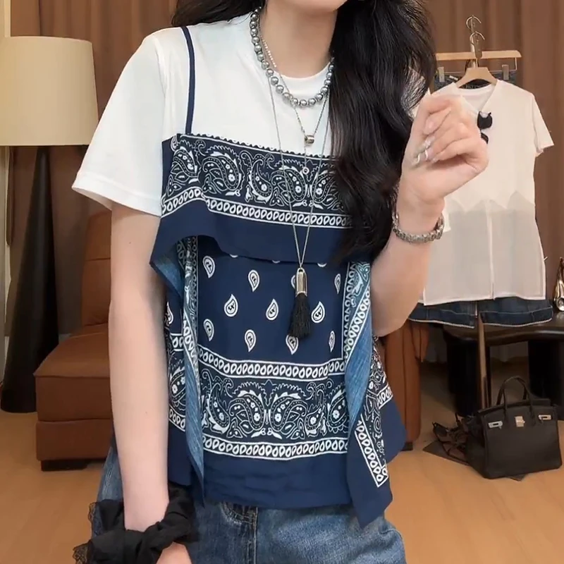 韩版减龄设计感印花拼接假两件T恤夏季新款潮流时髦百搭圆领上衣