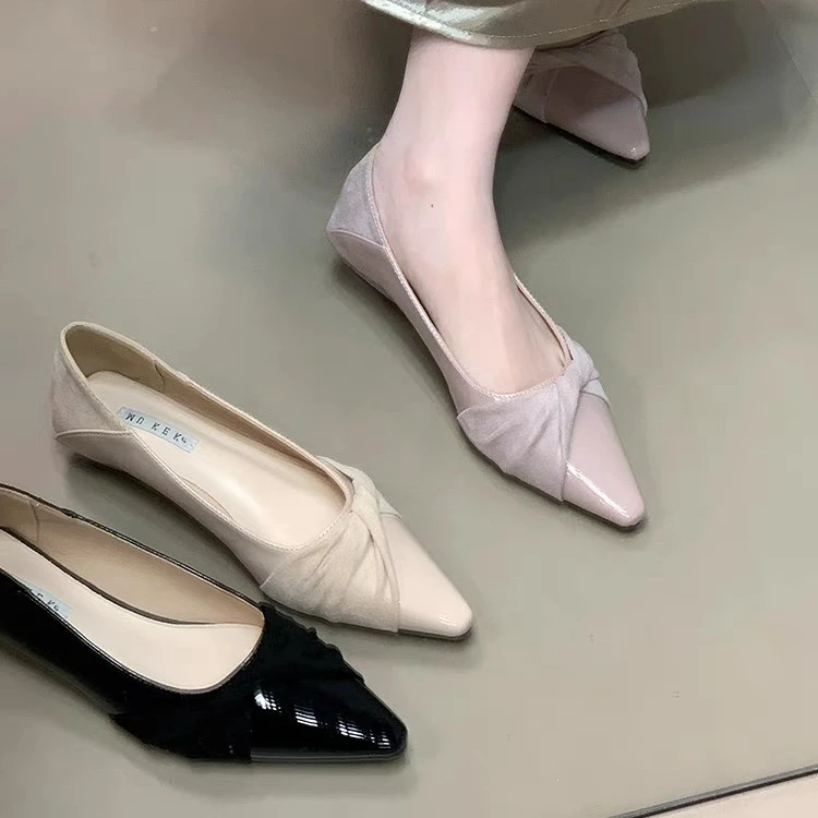 豆豆鞋拼色尖头高跟软底单鞋浅口拼接春季休闲夏通勤时尚气质跟鞋