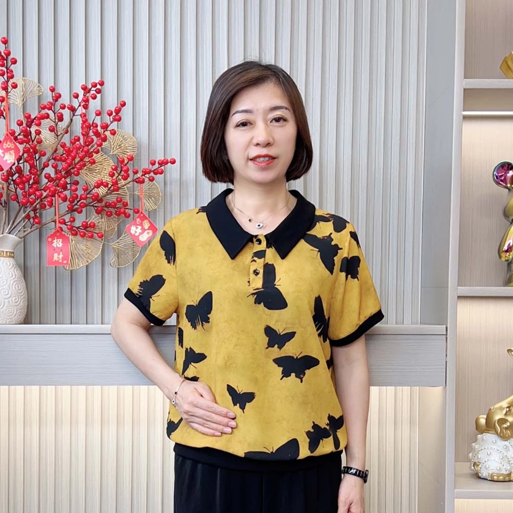 夏季新款洋气休闲百搭中老年妈妈装减龄显瘦印花翻领气质短袖T恤