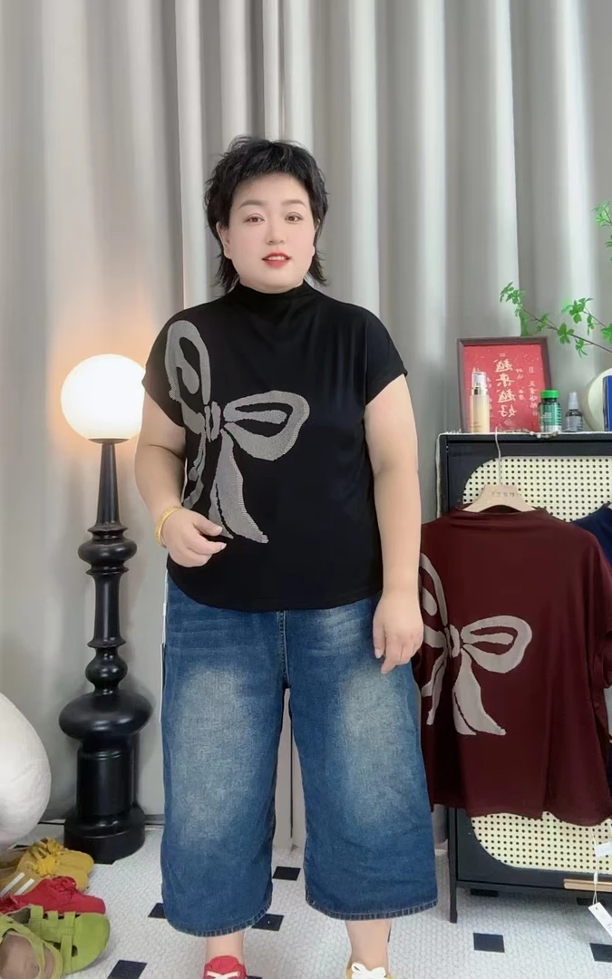 大码蝴蝶结半高领纯色百搭短袖T恤宽松显瘦洋气减龄打底衫女夏