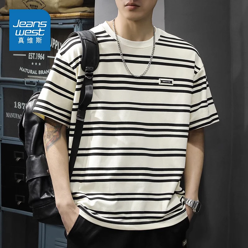 真维斯夏季新款条纹短袖t恤男上衣大码ins潮半袖体恤男款美式休闲