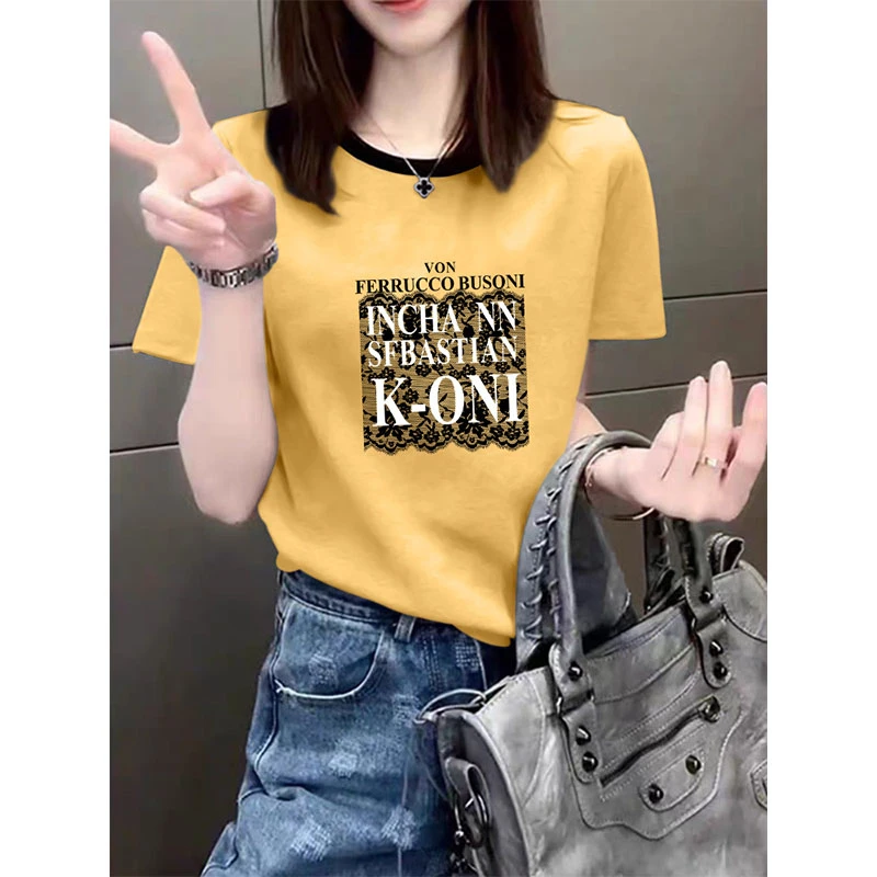 正肩撞色圆领印花短袖t恤女小众设计感时尚百搭黄色上衣打底衫夏