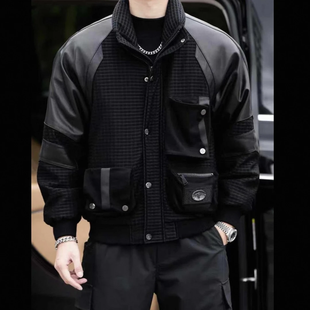 LG/真皮拼接款针织格纹羽绒服（8800057）