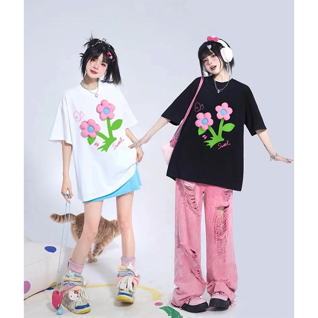 夏季260克重磅纯棉立体花朵DIY装饰情侣纯棉短袖T恤K3004