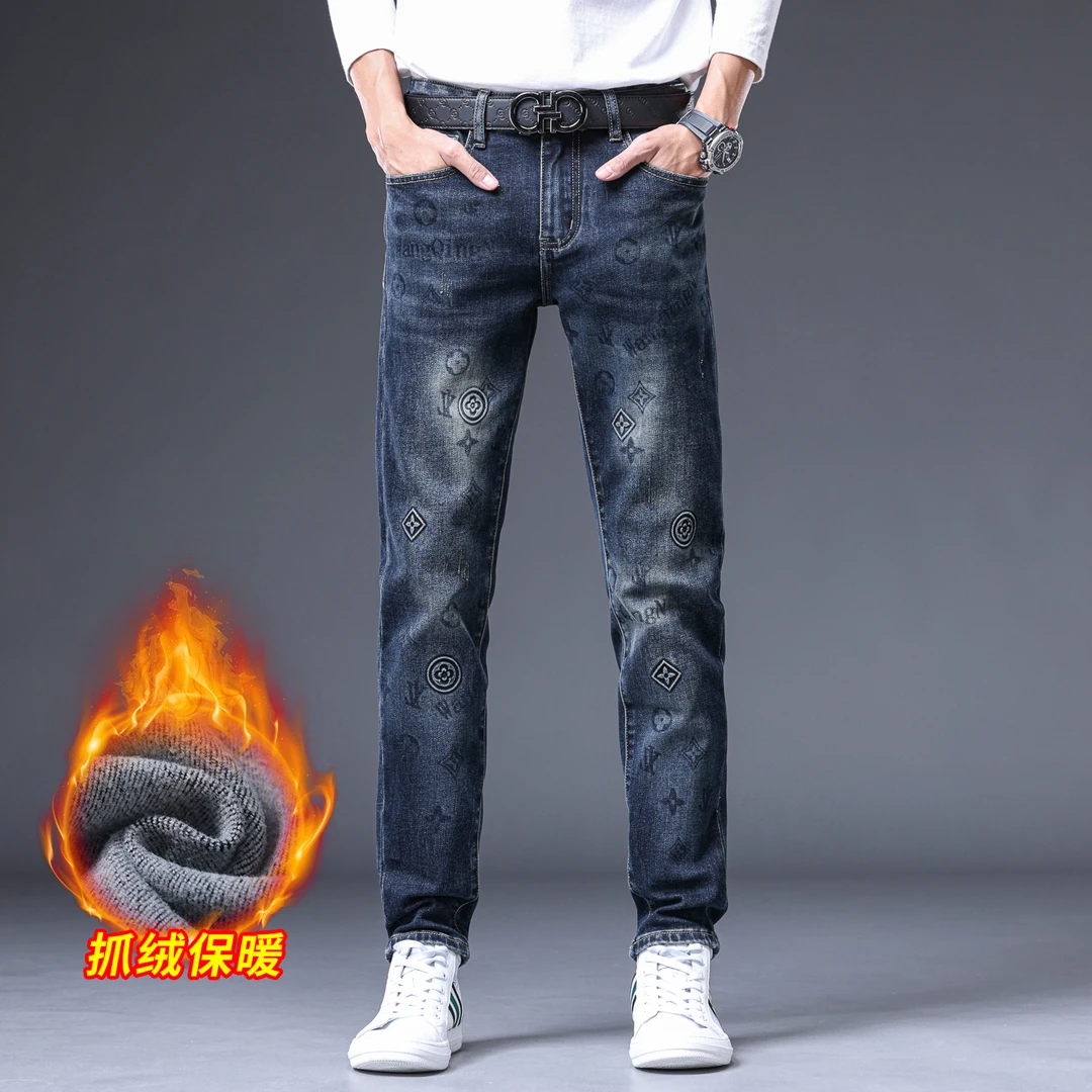 洛尼提日亚薄绒牛仔裤冬季保暖抓绒修身小脚印花百搭潮牌男士裤子