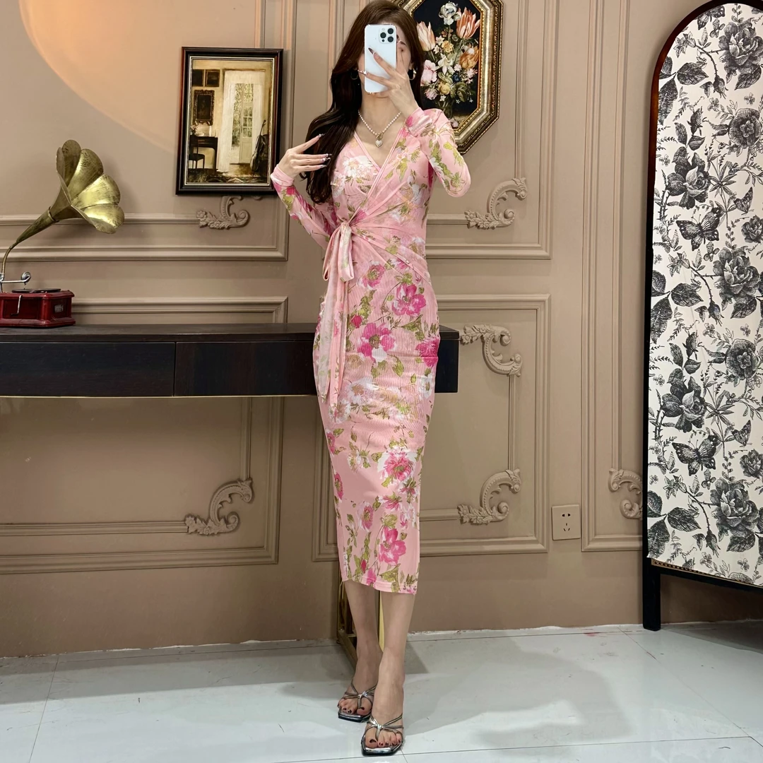 2025春夏款网纱V领绑带长袖豆蔻年华显瘦包身修身百搭开衩连衣裙