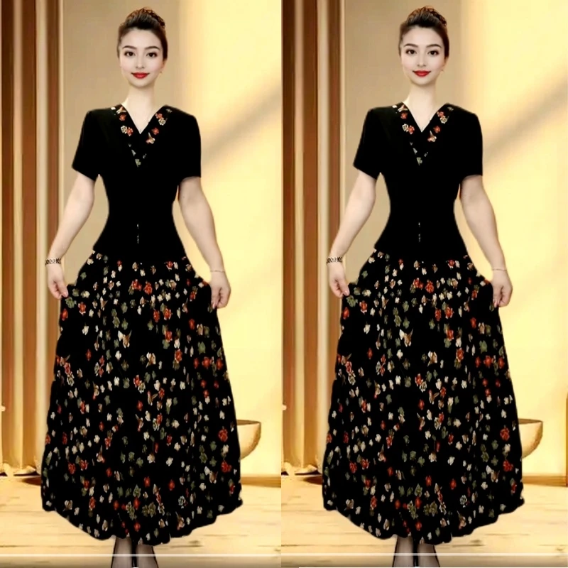 2025高弹力碎花大码夏装气质夏季黑色印花连衣裙妈妈装