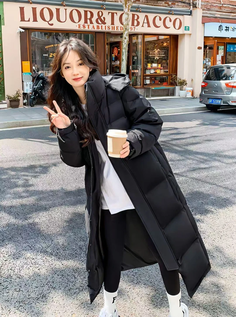 中戏羽绒服情侣同款冬季保暖长款连帽羽绒服黑色简约保暖小号专属