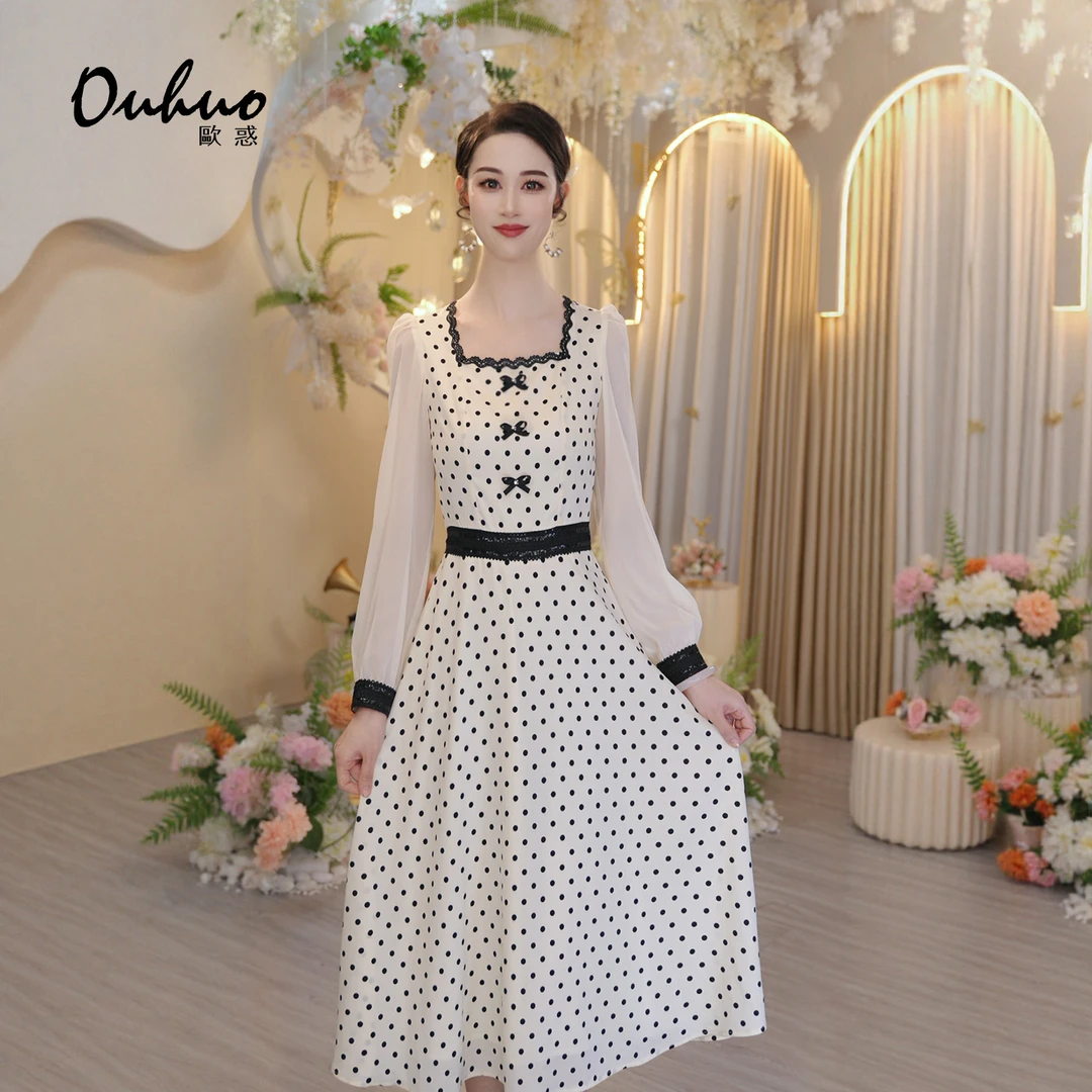 【米米定制】2025新款波点连衣裙方领收腰显瘦复古名媛风OHDRI09012