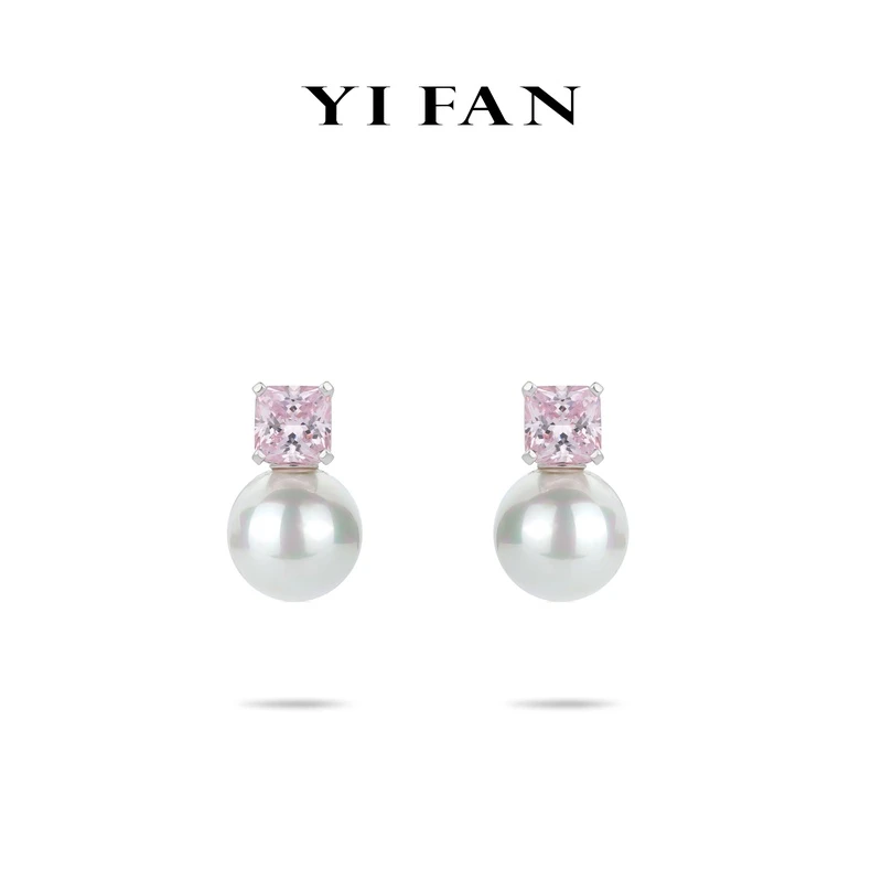 925银仿珍珠耳饰 粉方形白珠时尚气质高端轻奢女士耳环-3211