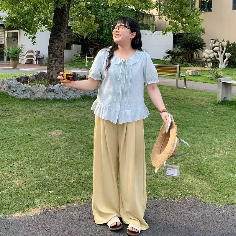 大码微胖MM 新款轻量直筒阔腿裤时尚休闲小众女装 5908