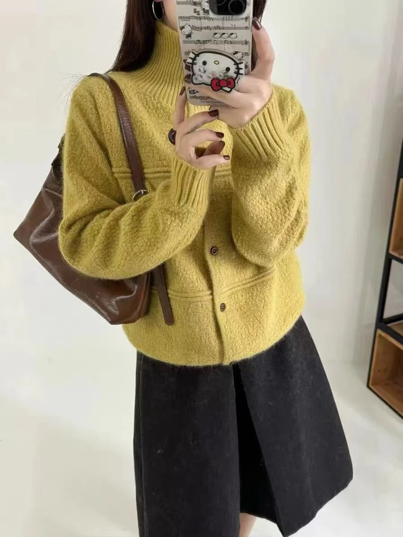 欧洲站秋冬新款半高领肌理感宽松慵懒风针织衫女毛衣外套百搭上衣