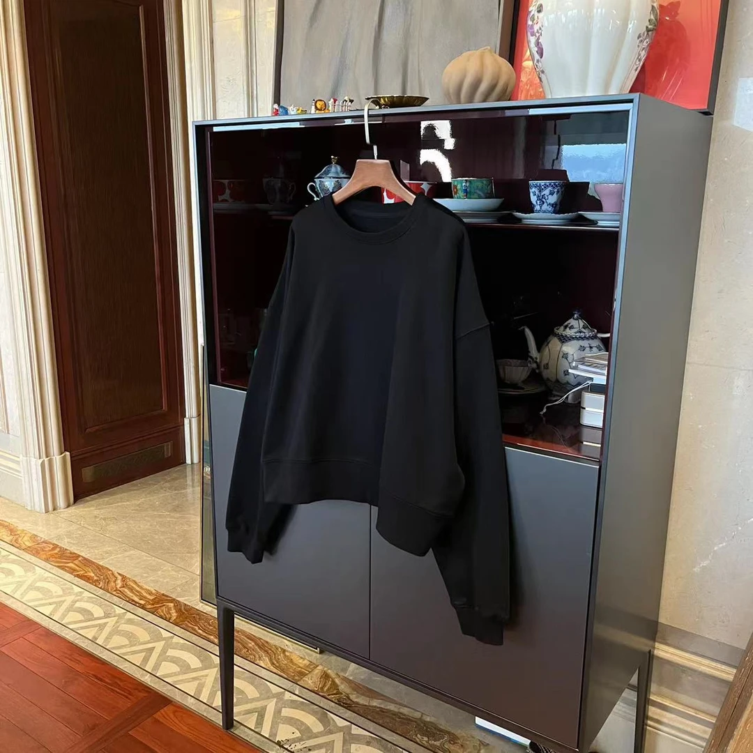 漫颜刘纯棉黑色卫衣T恤2023秋冬新品圆领长袖套头纯色宽松上衣