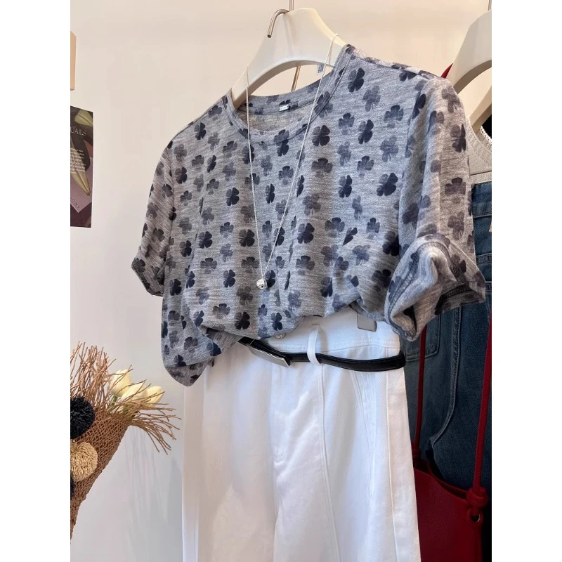 大码女装韩系四叶草印染软糯短袖T恤新款宽松洋气圆领超薄上衣夏