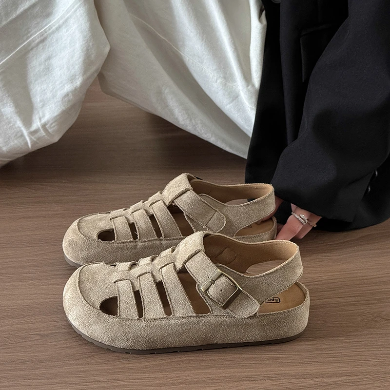 包头罗马凉鞋女2025夏季新款厚底编织勃肯凉鞋软底一脚蹬镂空女鞋