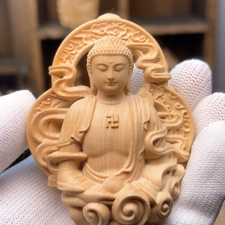 猪狗守护阿弥陀佛黄杨木挂件