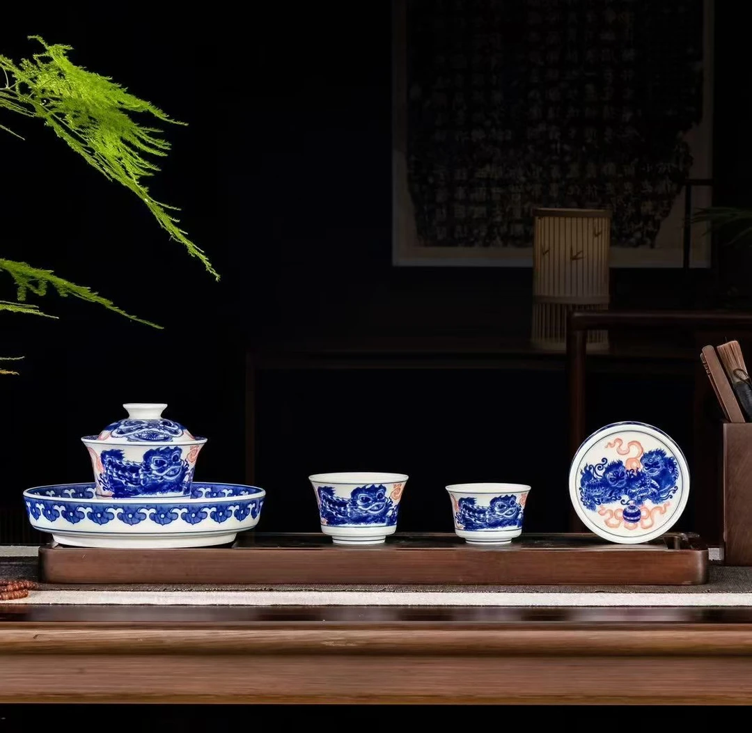 景德镇陶瓷青花釉里红双狮滚绣球壶承单个干泡台盖碗托茶盘套组装