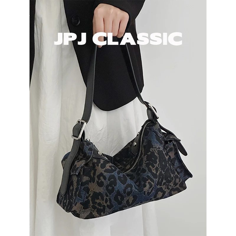 jpj新品牛仔布豹纹hobo包腋下包单肩斜挎软包通勤包饺子包1896