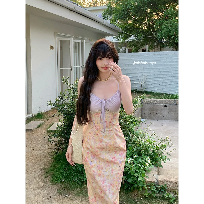 溺水三鱼【小春漫曲】春夏度假纯欲风吊带裙碎花收腰显身材连衣裙