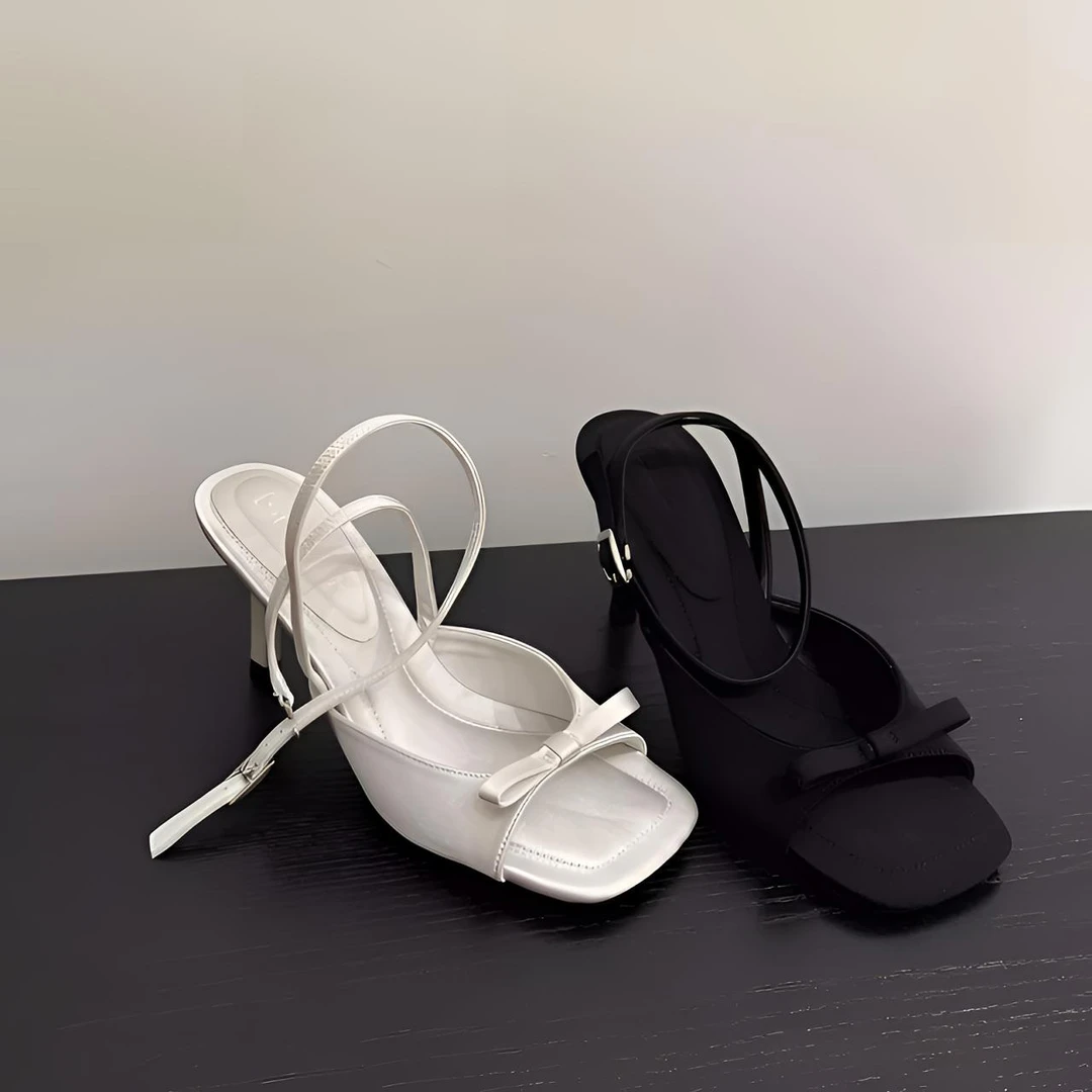 法式蝴蝶结高跟鞋女凉鞋2025夏季新款细跟交叉带高级感露趾罗马鞋