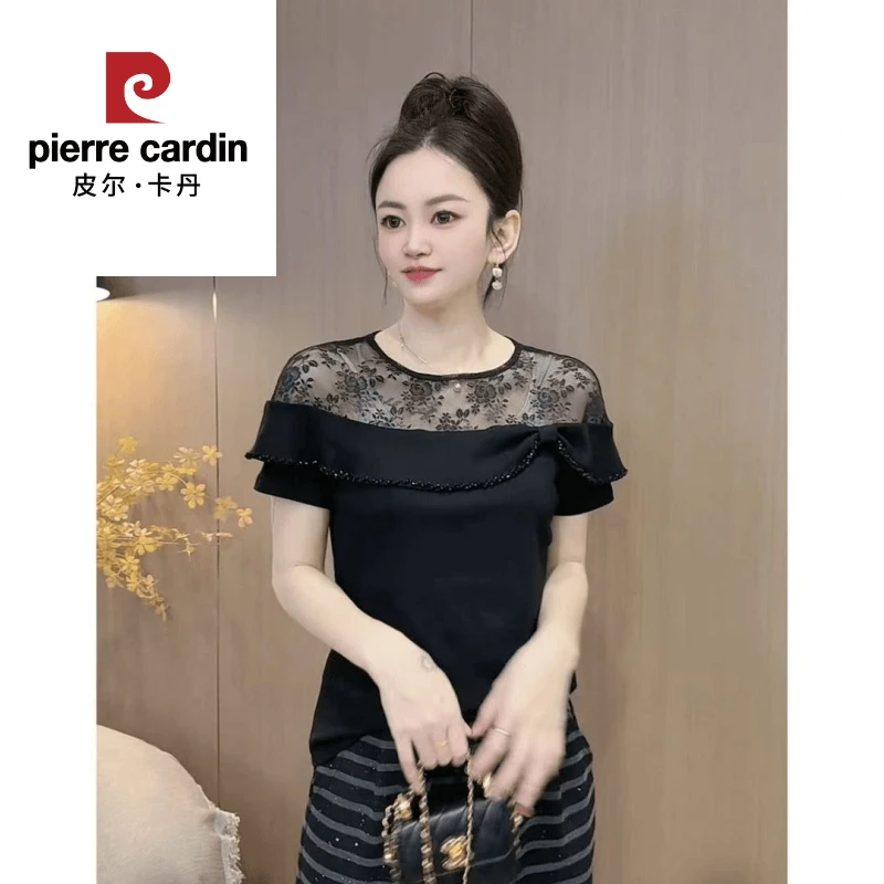 皮尔卡丹法式蕾丝拼接花边一字领显瘦短袖女2025夏季新款气质减龄
