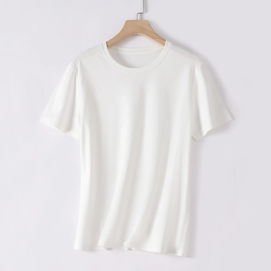 高档冰感免烫桑蚕丝t恤女简约圆领夏季无缝双面丝光棉短袖上衣