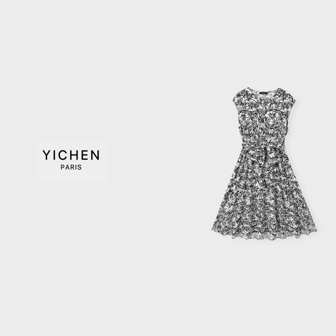 YC 度假系列L P印花府绸棉无袖系带装饰连衣裙-5143