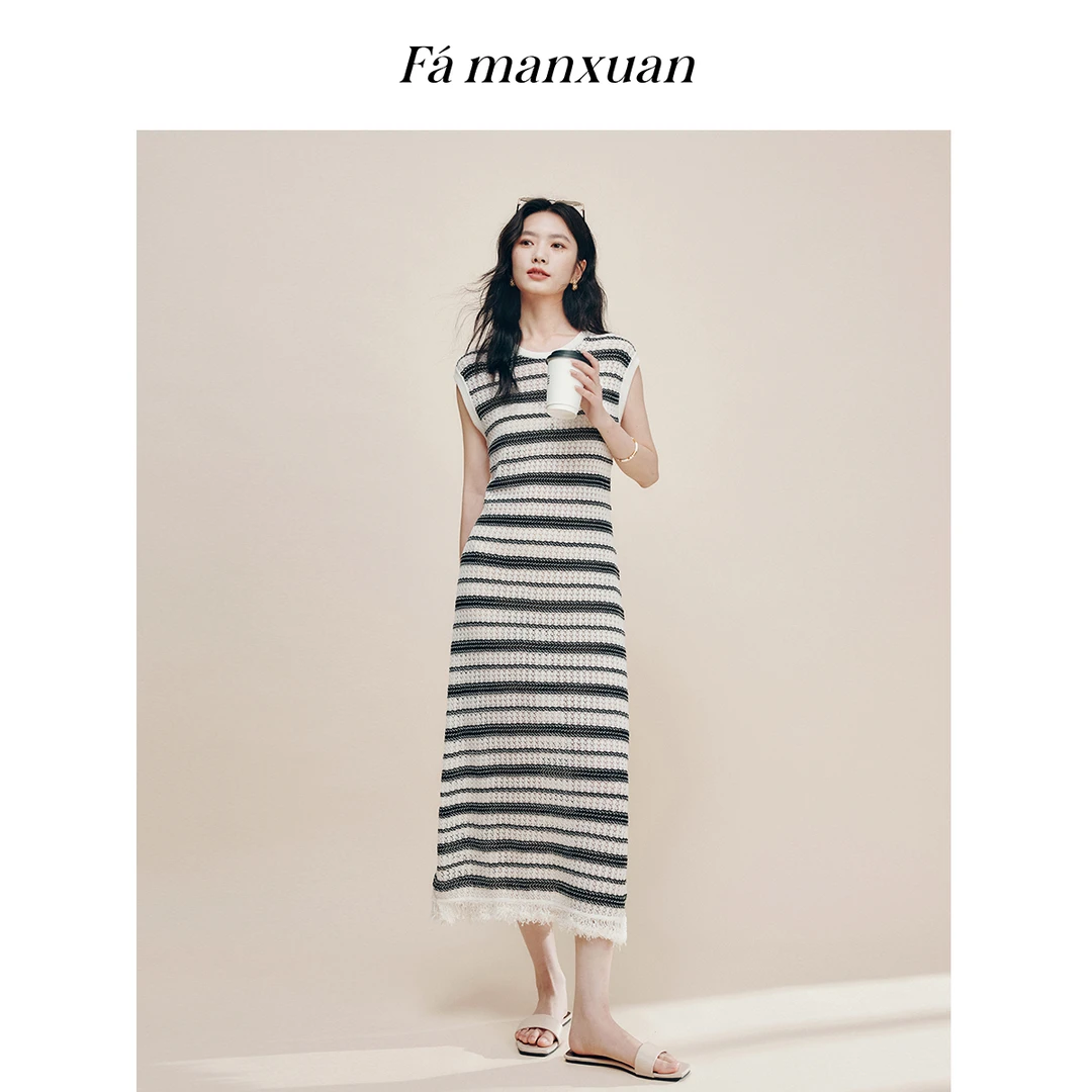 【陈大可专属】法曼萱镂空钩织条纹精梳棉针织连衣裙女夏裙子