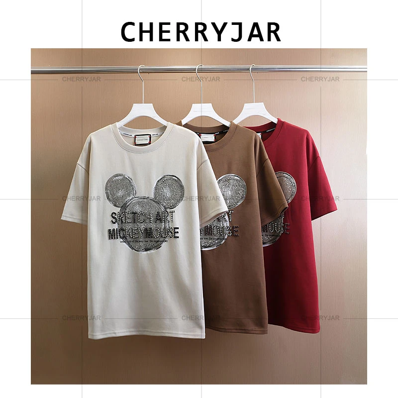 Cherryjar【251059】夏季美式休闲米奇形状印花亮片点缀镶钻重短袖