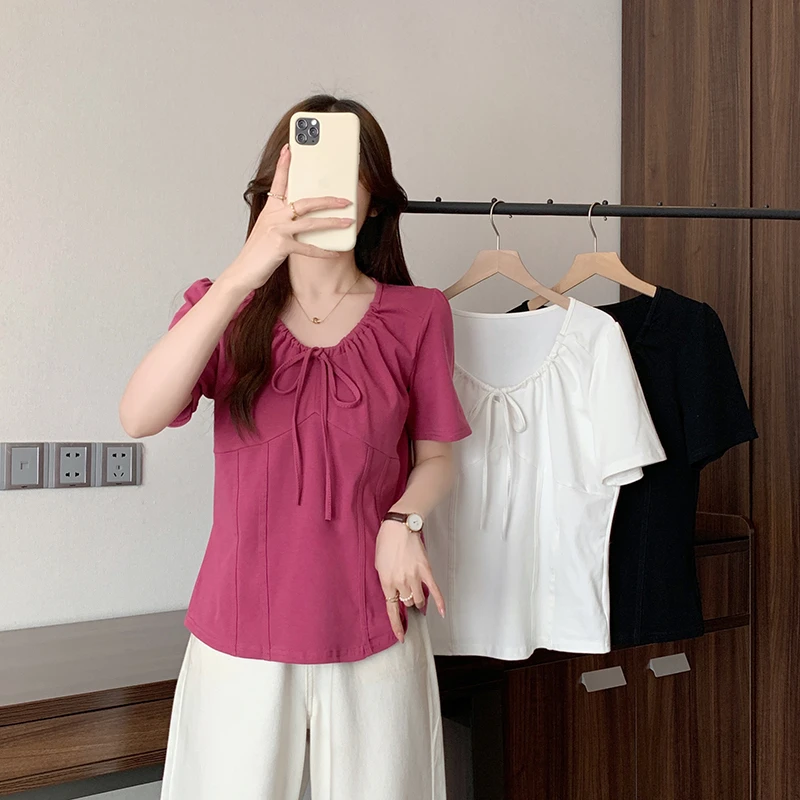 2025夏装新款胖mm大码女法式设计感方领鱼骨系带短袖T恤33912