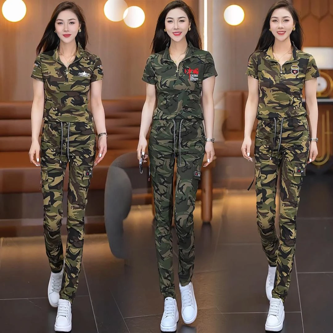 夏季新款纯棉迷彩服休闲运动弹力套装女大码显瘦水兵舞户外两件套