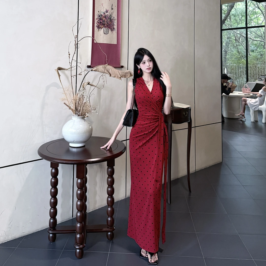 TITI 波点无袖V领拼接绑带开叉长裙新款显瘦收腰直筒长裙女