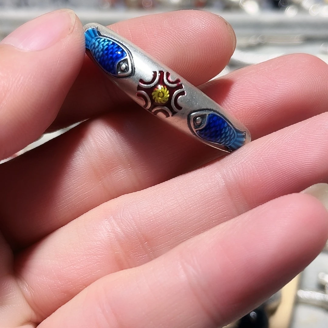 吊坠足银珐琅双鱼弯管