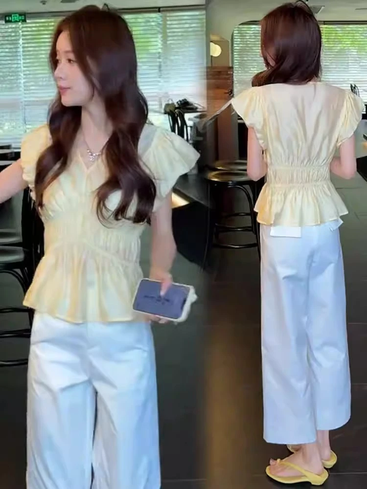 时尚套装女2025夏季新款洋气显瘦飞飞袖V领短袖衬衣阔腿裤两件套