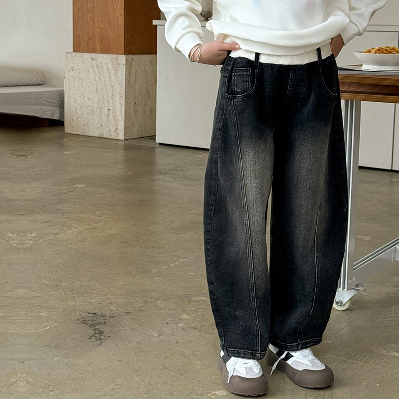 女童牛仔裤秋季2024新款分割拼接水洗软牛仔百搭休闲裤子KZ256