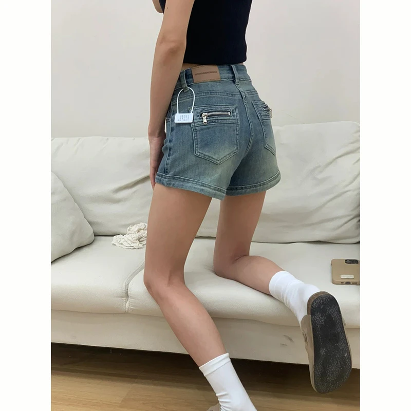 美式辣妹牛仔短裤女2025夏季新款高腰弹力显瘦百搭直筒a字短热裤